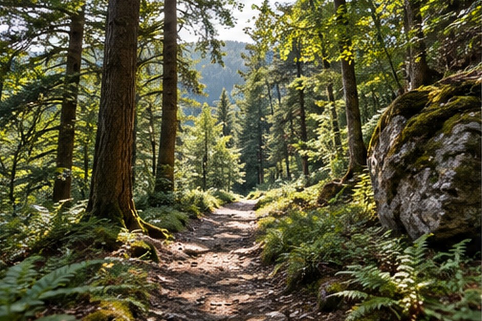 A sunlit woodland trail winding between tall trees, ferns, and mossy rocks.