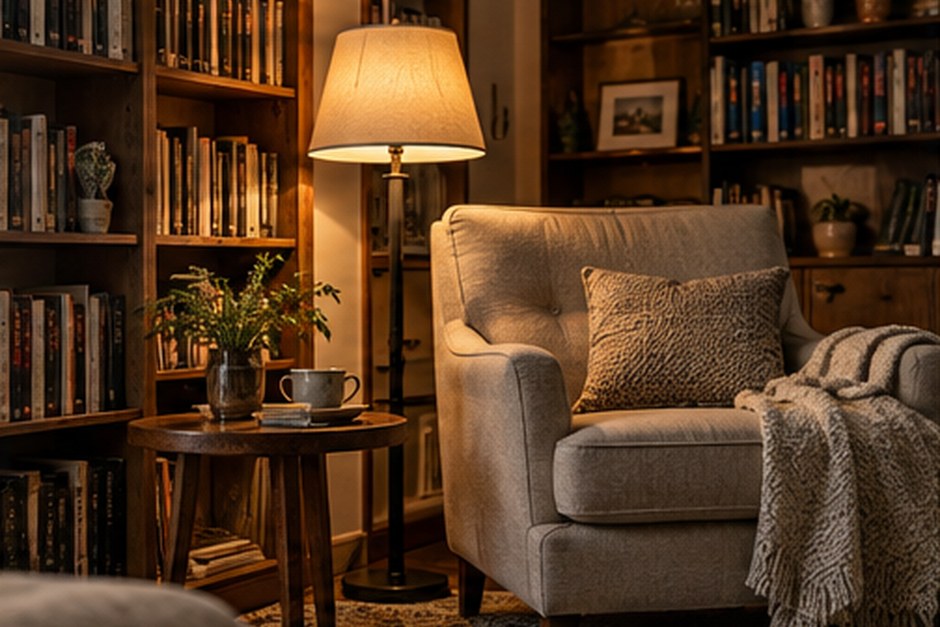 A comfortable armchair beside a lamp and shelves filled with books.