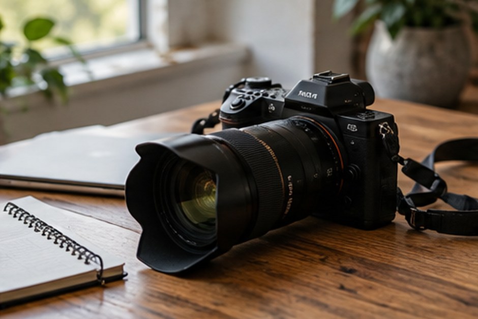 A black mirrorless camera resting beside a notebook on a wooden desk.