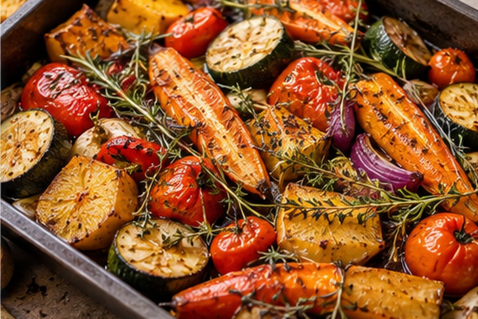 A colourful tray of roasted carrots, courgettes, tomatoes, onions, and potatoes with herbs.