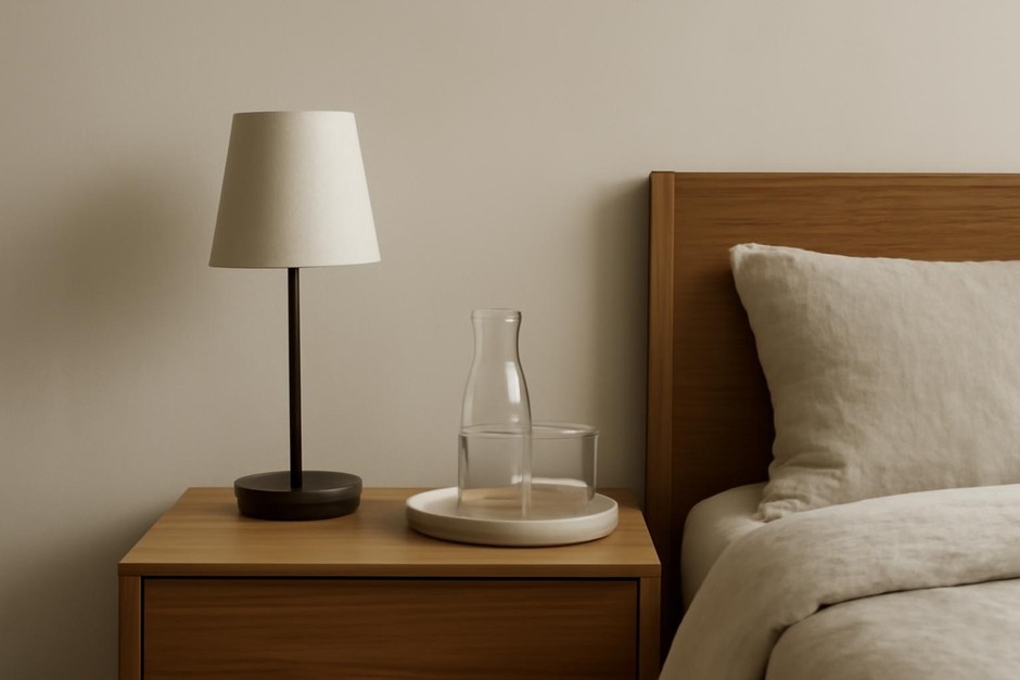 Nightstand styled with a slim lamp, small stack of books, ceramic tray and water carafe