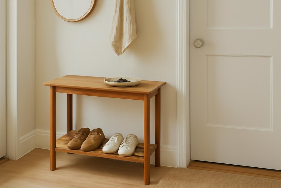 Neat entryway with a small tray for keys and a bench for shoes