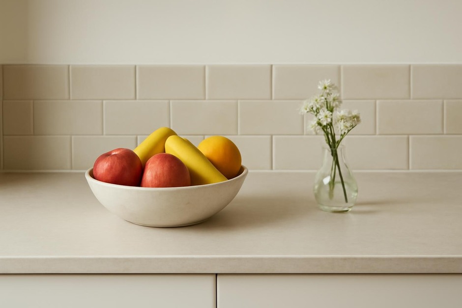 A simple kitchen counter with a bowl of fruit and one small vase