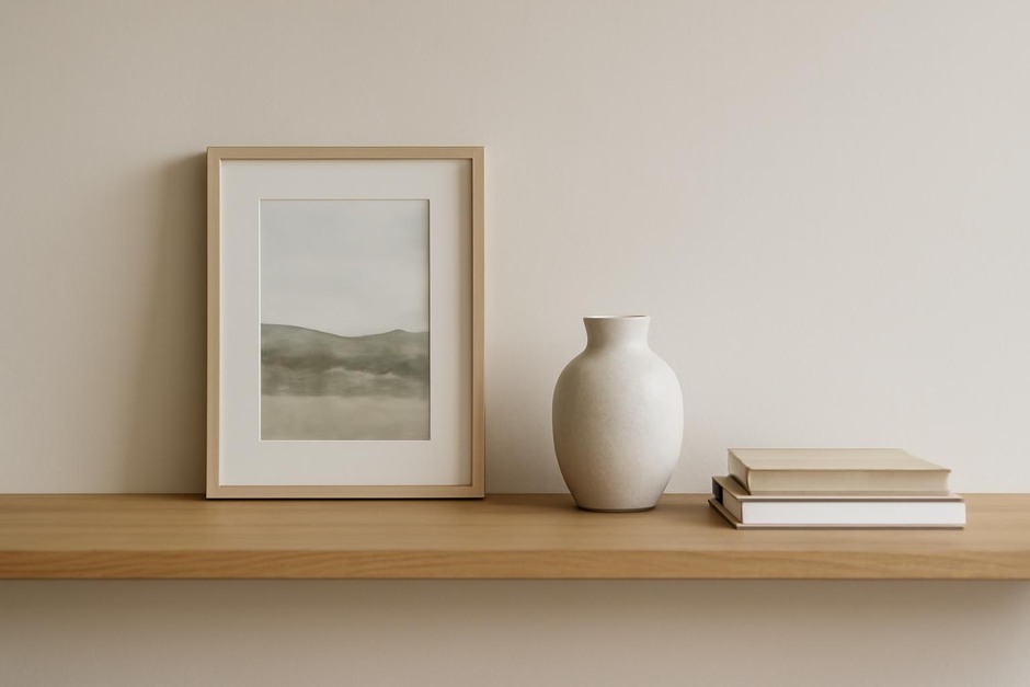 A simple shelf with a small stack of books, a ceramic vase, and negative space