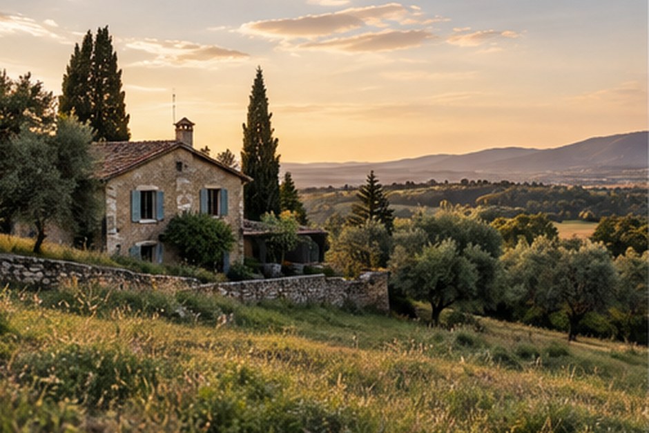 A quiet stone cottage surrounded by fields in warm evening light.