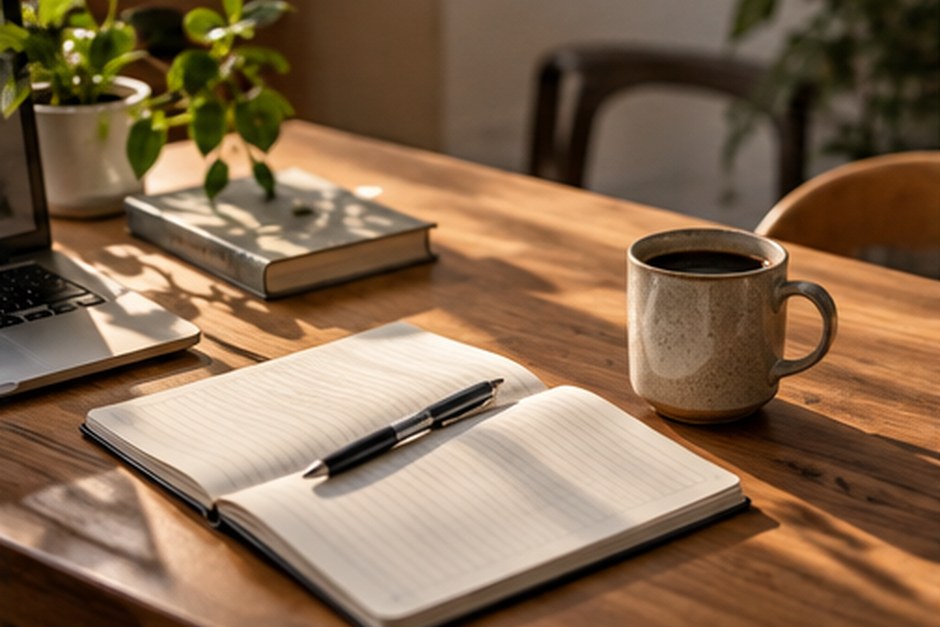 An open notebook, pen, coffee mug, and laptop on a sunlit wooden desk.