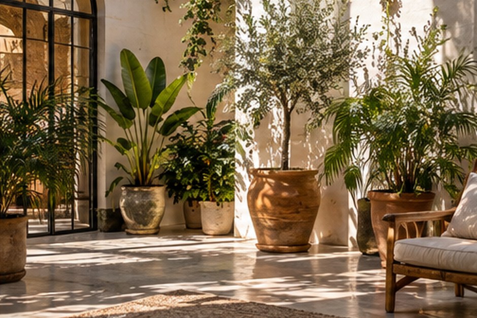 A bright interior filled with leafy potted plants and warm natural light.