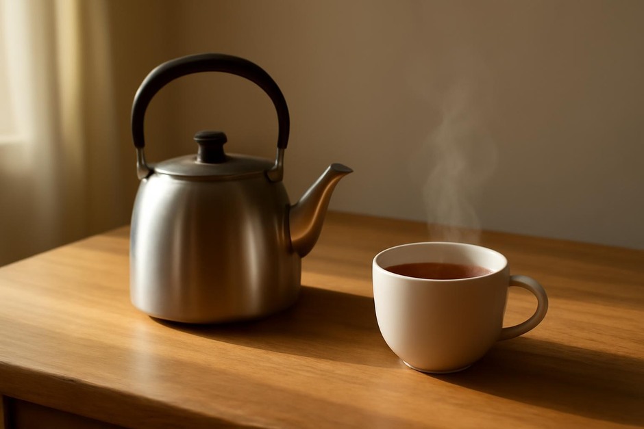 A kettle and a teacup on a simple wooden table in morning light