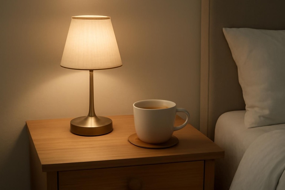 A neat bedside table with a small lamp and a cup of tea in soft light