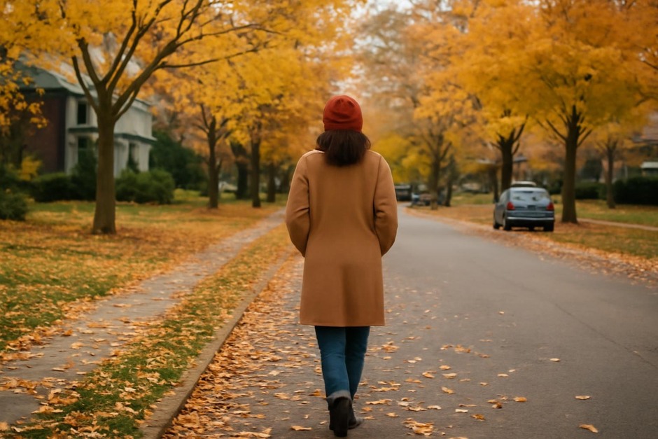 Person walking on a leafy neighborhood street in autumn, hands in pockets